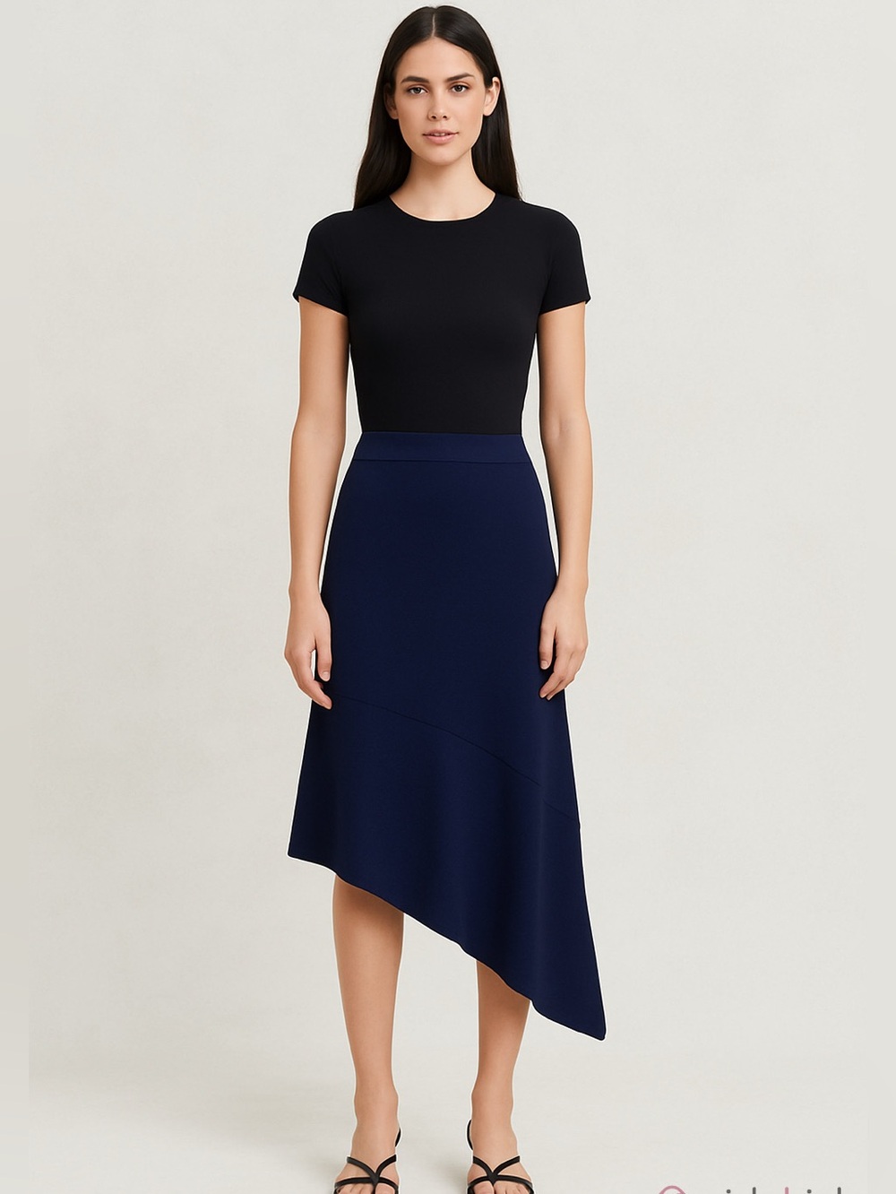 ZARA Navy Blue Asymmetrical Ribbed Knit Midi Skirt Sz M Contemporary Minimalist